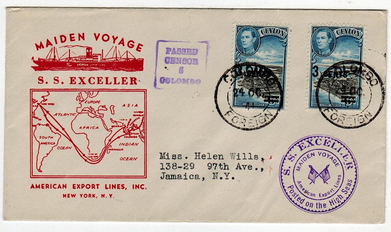 CEYLON - 1941 illustrated S.S.EXCELLER maritime cover to Jamaica with CENSOR 6 h/s.