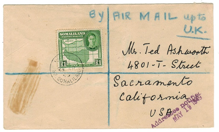 SOMALILAND - 1949 registered cover to USA with 1r used at HARGAISA.