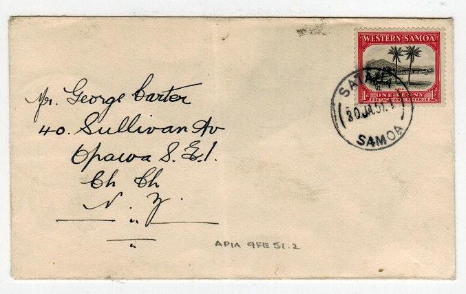 SAMOA - 1951 1d rate cover to New Zealand used at SATAUA.