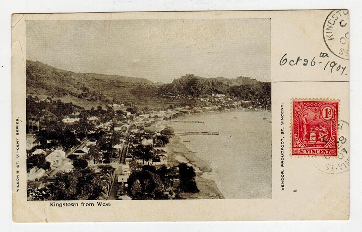 ST.VINCENT - 1907 1d rate postcard to Antigua used at KINGSTOWN.
