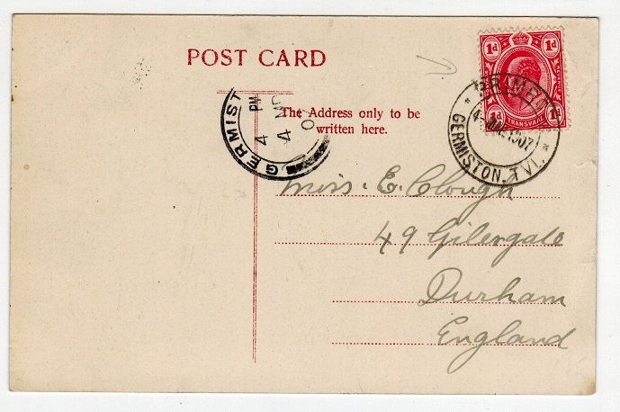 TRANSVAAL - 1907 1d rate postcard to UK used at PRIMROSE.