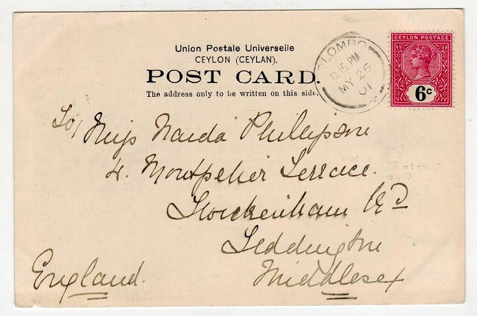 CEYLON - 1901 6c rate postcard to UK used at COLOMBO.