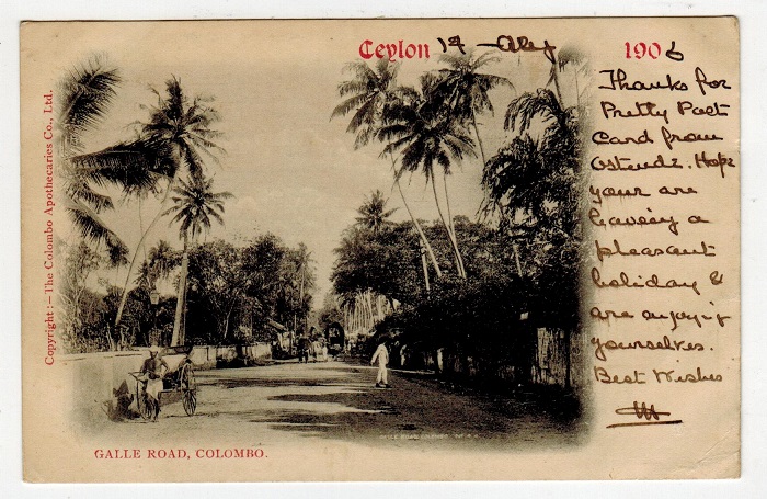 CEYLON - 1906 6c rate postcard addressed to UK used at COLOMBO.
