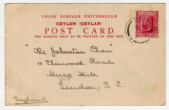 CEYLON - 1906 6c rate postcard addressed to UK used at COLOMBO.