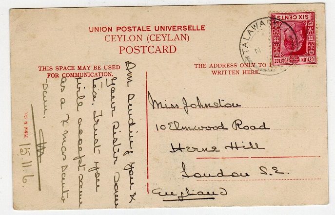 CEYLON - 1906 6c rate postcard to UK used at TALAWAKELE.