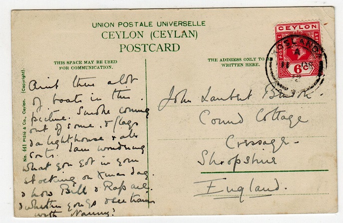 CEYLON - 1912 6c rate postcard to UK used at KOSLANDA.