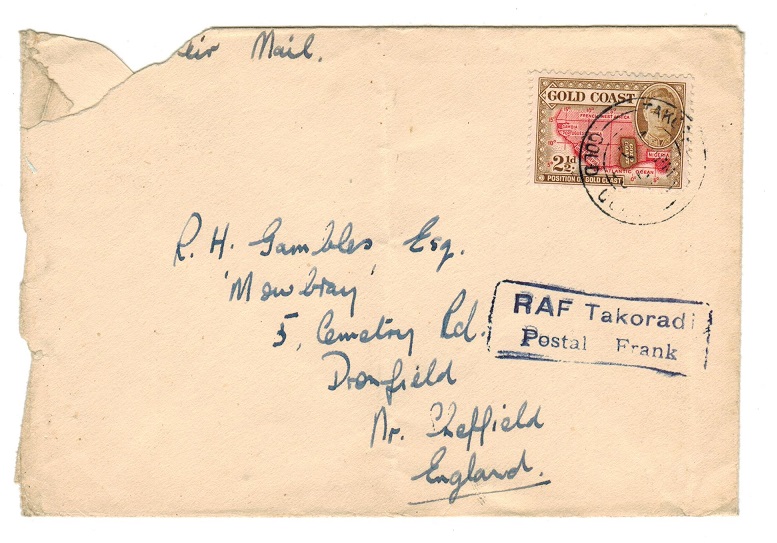 GOLD COAST - 1951 (circa) KGVI RAF TAORADI/POSTAL FRANK cover to UK.