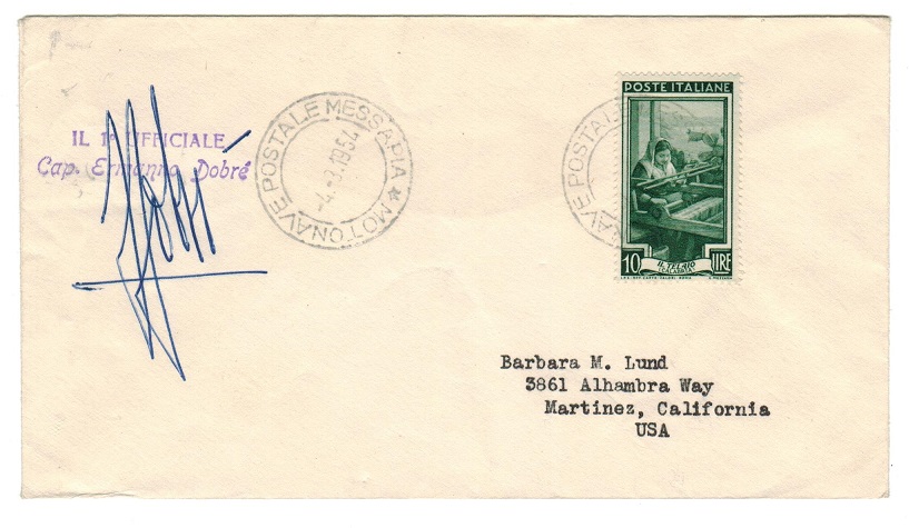 CYPRUS - 1954 MOTONAVE POSTALE MESSAPIA maritime cover addressed to USA.