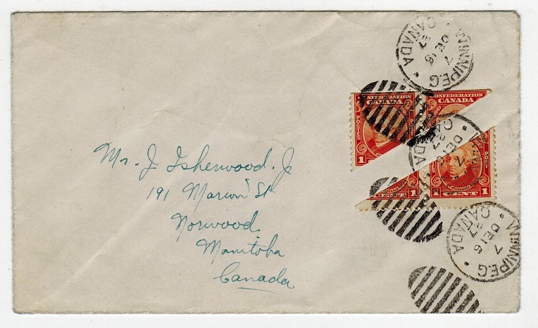 CANADA - 1927 1c bi-sects on cover to Manitoba used at MINNIPEG.