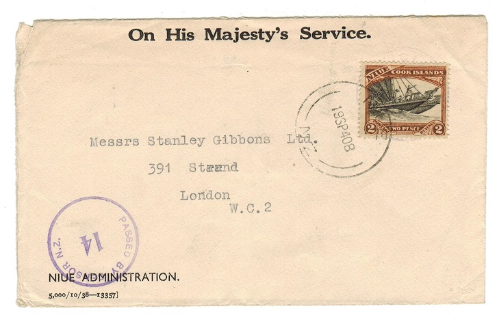 NIUE - 1940 censored OHMS envelope to UK with 2d used at NIUE. 