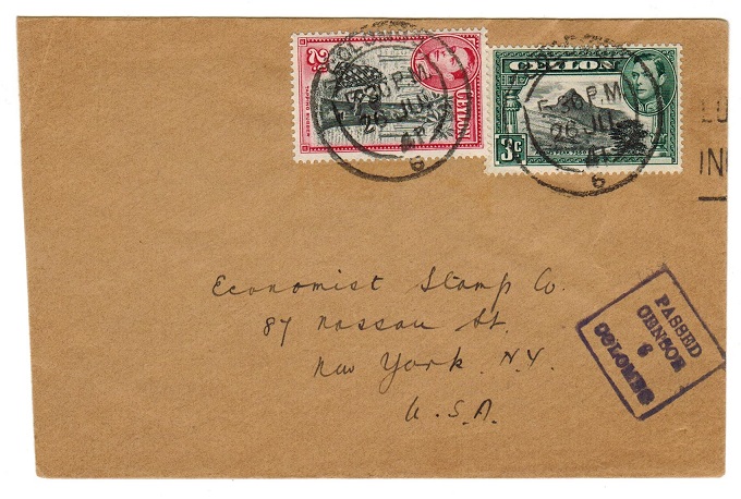 CEYLON - 1941 censored cover to USA.