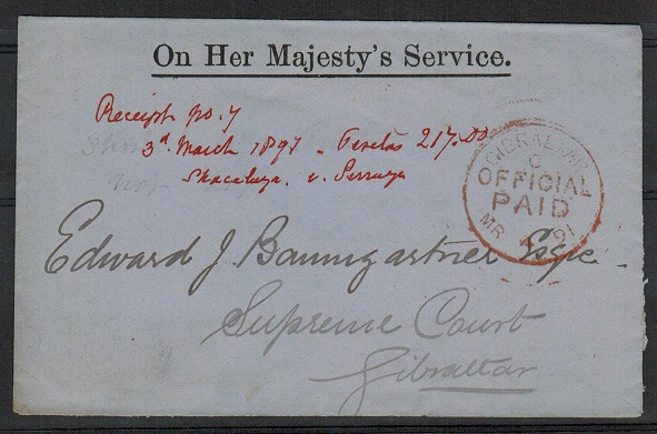GIBRALTAR - 1891 OHMS wrapper cancelled by GIBRALTAR/OFFICIAL/PAID cds in red.