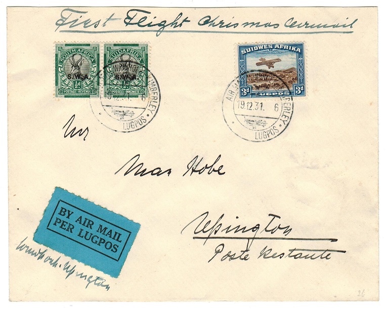SOUTH WEST AFRICA - 1931 first flight cover to Upington.
