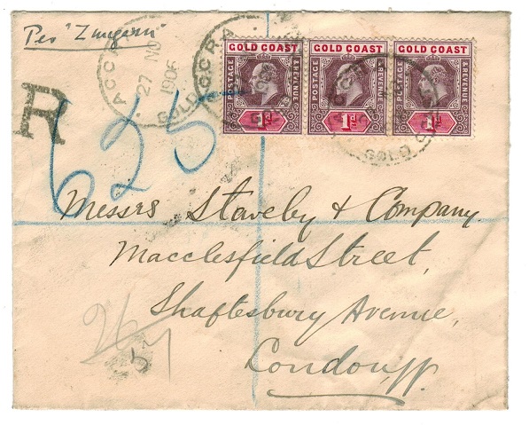 GOLD COAST - 1906 3d rate registered cover to UK used at ACCRA.