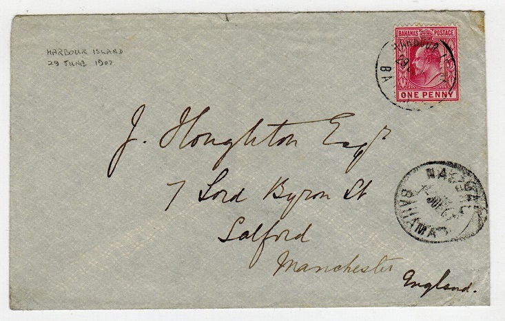 BAHAMAS - 1907 1d rate cover to UK used at HARBOUR ISLAND.
