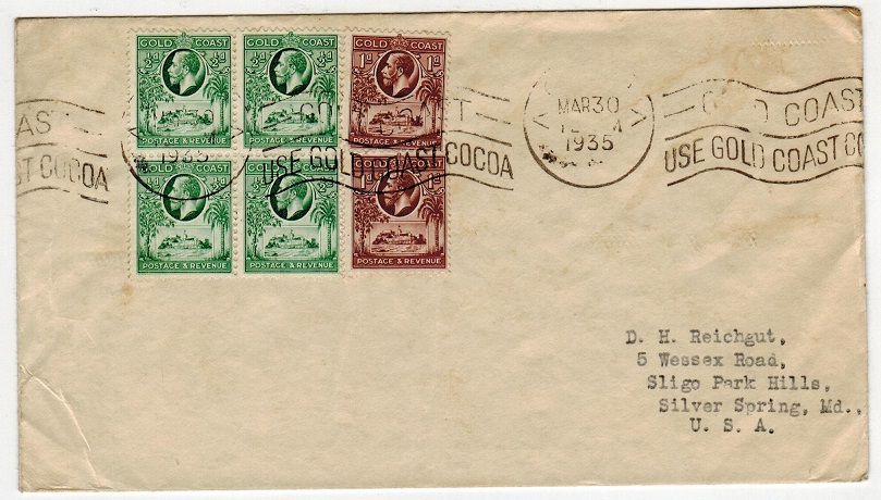 GOLD COAST - 1935 cover to USA with ACCRA/USE GOLD COAST COCOA slogan strike.
