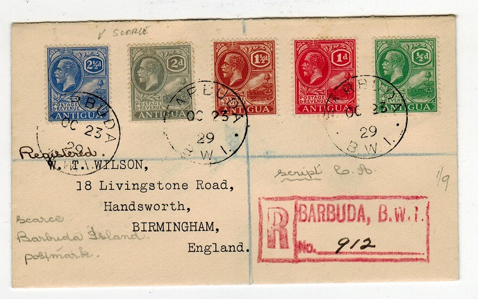BARBUDA - 1929 Antigua adhesive multi franked registered cover to UK used at BARBUDA.
