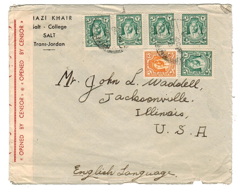 TRANSJORDAN - 1941 cover addressed to USA with red OPENED BY CENSOR label applied.