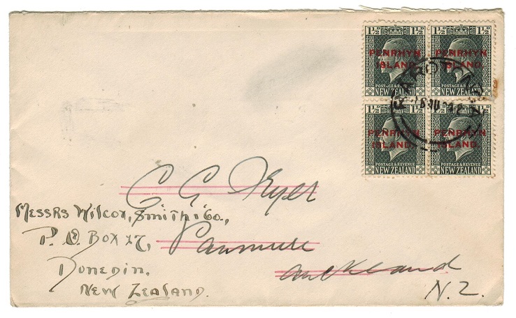 COOK ISLANDS - 1924 cover to NZ with PENRHYN 1 1/2d block of 4 used at RAROTONGA.