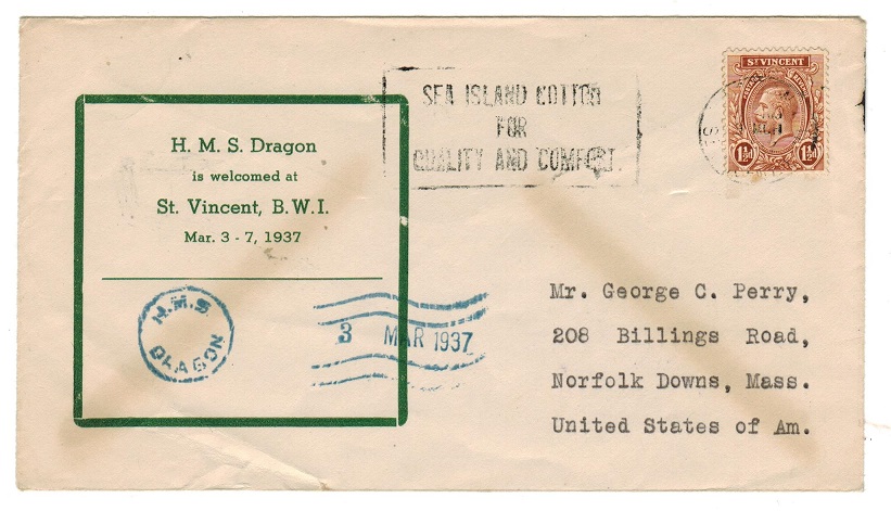 ST.VINCENT - 1937 H.M.S.DRAGON arrival commemoration cover to USA.
