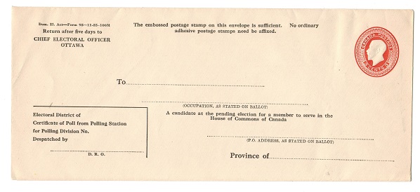 CANADA - 1925 (circa) 3c red ELECTORAL unused pre-printed stationery envelope.