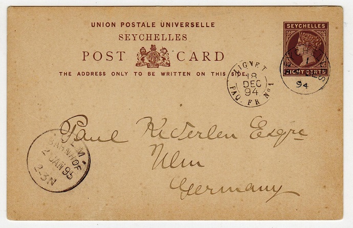 SEYCHELLES - 1890 8c PSC to Germany uprated and used with rural 