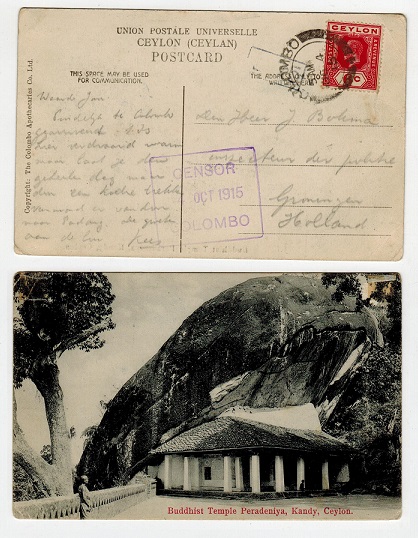 CEYLON - 1915 postcard to UK from COLUMBO with CENSOR/COLOMBO violet boxed strike.
