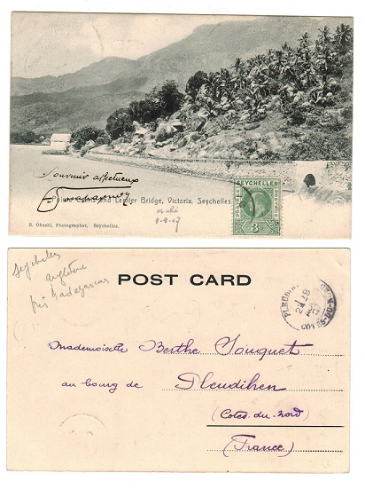 SEYCHELLES - 1907 postcard to France with 3c added (not belonging).