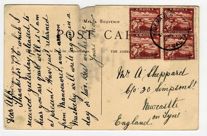 MALTA - 1903 postcard to UK with 1/4d block of four used at SLIEMA B.O./MALTA.