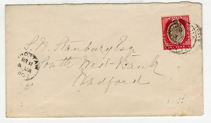 MALTA - 1905 cover to UK with 1d tied COSPICUA/MALTA.