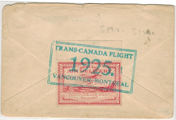 CANADA - 1925 first flight cover with LAURENTIDE AIR SERVICE label.