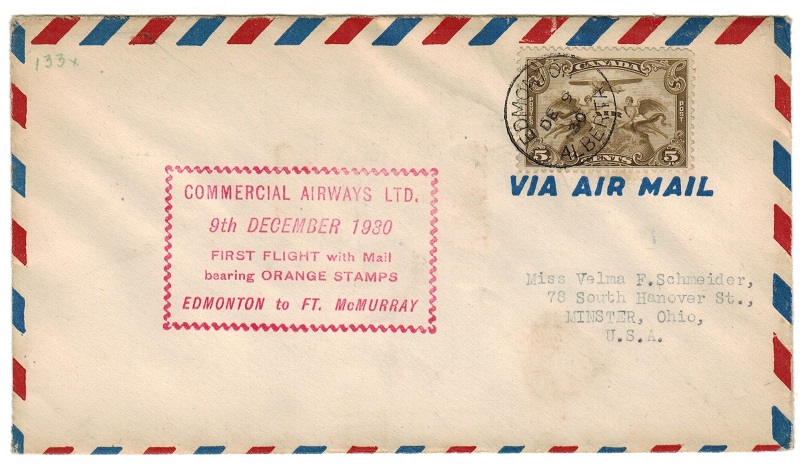 CANADA - 1930 first flight cover with COMMERCIAL AIRWAYS LTD label.