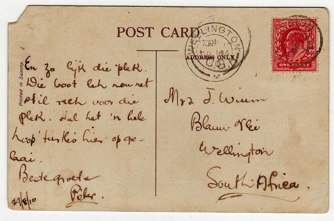 ASCENSION - 1910 postcard to South Africa with GB 1d adhesive cancelled ASCENSION.