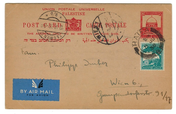 PALESTINE - 1932 8m deep red PSC addressed to Austria uprated with 2m from HAIFA. H&G 6.
