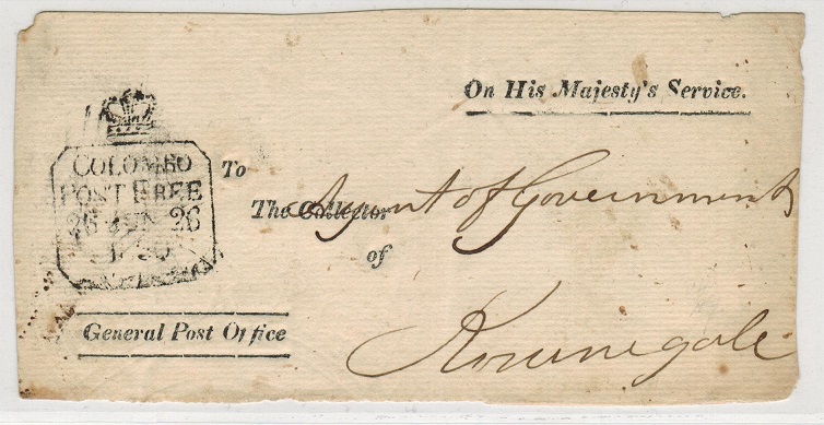 CEYLON - 1830 OHMS (front) with rare COLOMBO/POST FREE handstamp.