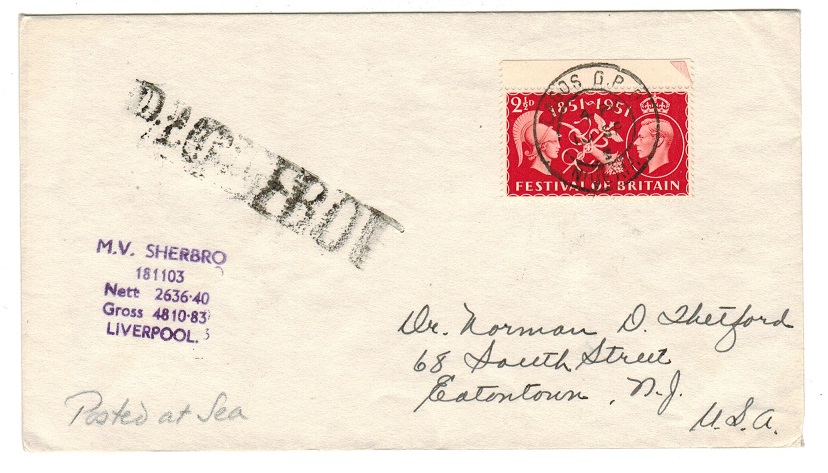 NIGERIA - 1952 maritime cover to USA used aboard the M.V.SHEPERO.


