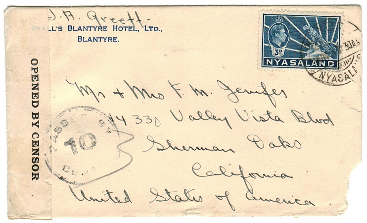 NYASALAND - 1940 censored cover to USA.