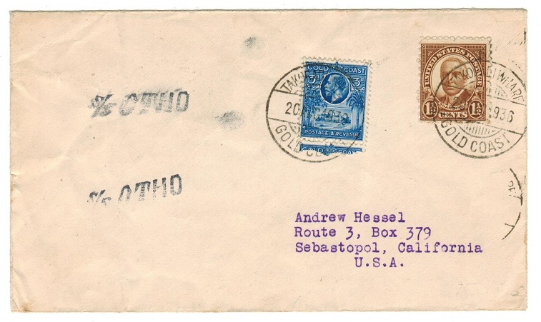 GOLD COAST - 1936 maritime cover to USA used aboard S/SOTHO with TAKORADI/WHARF cds.