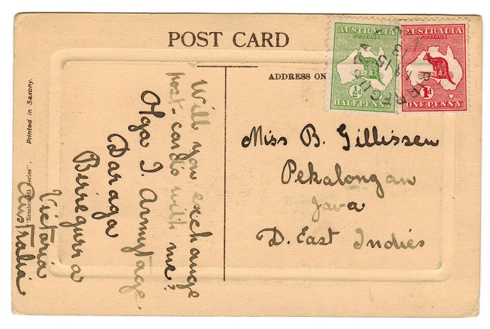 AUSTRALIA - 1913 1 1/2d rate postcard to Java used at BIRREGURRA/VIC.