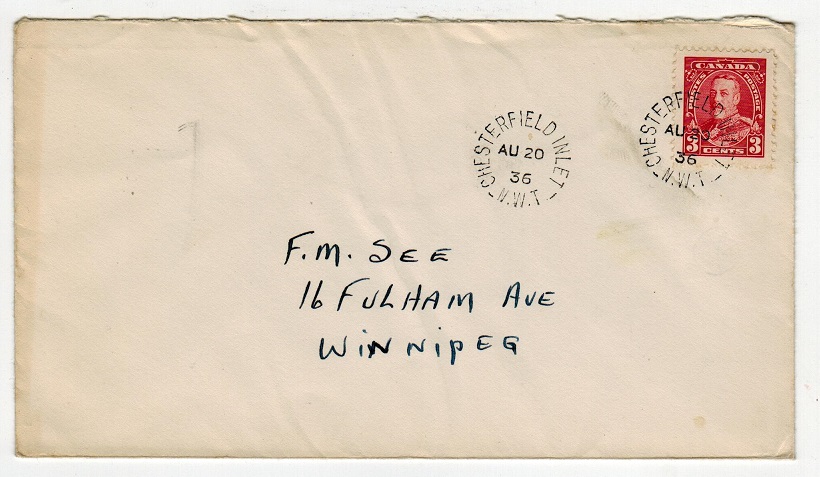 CANADA - 1936 3c local cover used at CHESTERFIELD INLET.