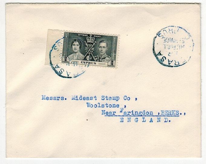 CYPRUS - 1937 Coronation 3/4p adhesive on cover to UK used at YERASA.