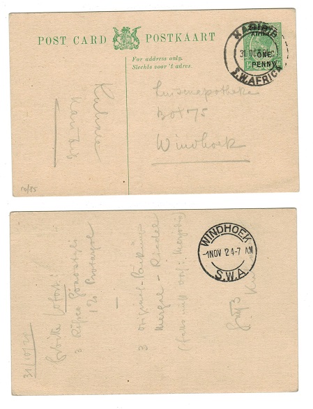 SOUTH WEST AFRICA - 1923 1d on 1/2d green PSC used locally from KARIBIB.  H&G 8.