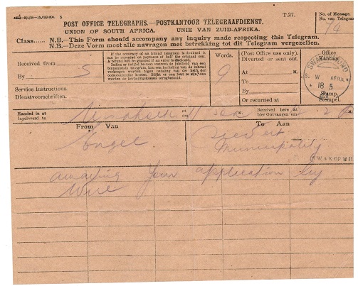 SOUTH WEST AFRICA - 1921 TELEGRAM form used at SWAKOPUND.
