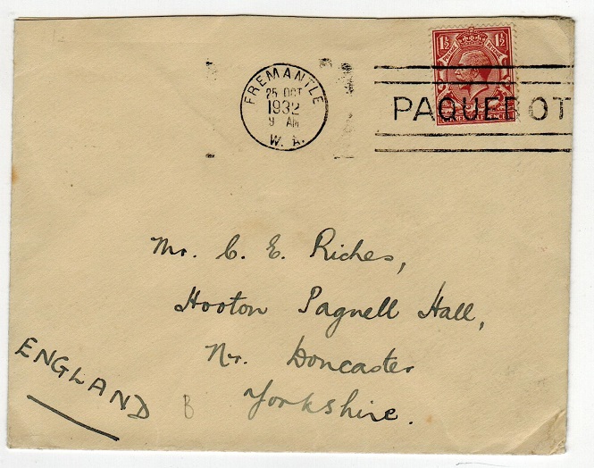AUSTRALIA - 1932 cover to UK bearing GB 1 1/2d tied by FREEMANTLE/W.A./PAQUEBOT handstamp.
