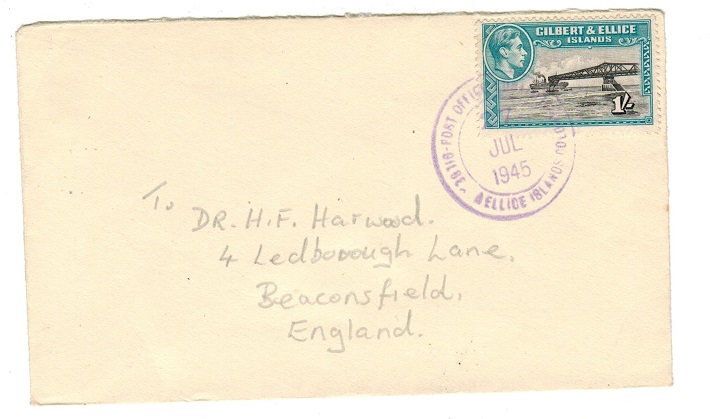 GILBERT AND ELLICE IS - 1945 1/- rate cover to UK used at FUNAFUTI.