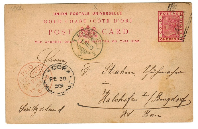 GOLD COAST - 1891 1d PSC to Switzerland struck by scarce ACCRA squared cancel.