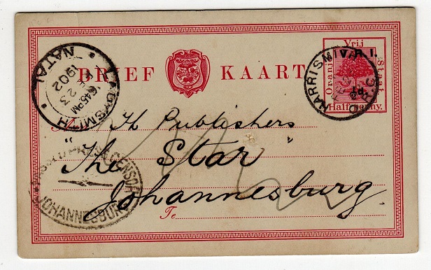ORANGE RIVER COLONY - 1900 1/2d on 1/2d censored PSC to Johannesburg from HARRISMITH.  H&G 26.