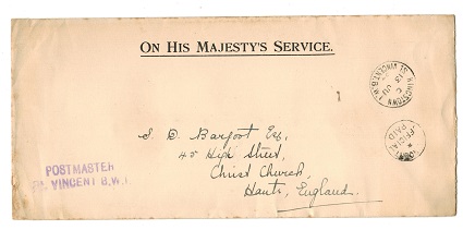 ST.VINCENT - 1934 OHMS cover to UK with OFFICIAL PAID cancel.