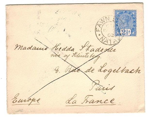 NATAL - 1902 2 1/2d rate cover to France used at FAWN LEAS/NATAL.
