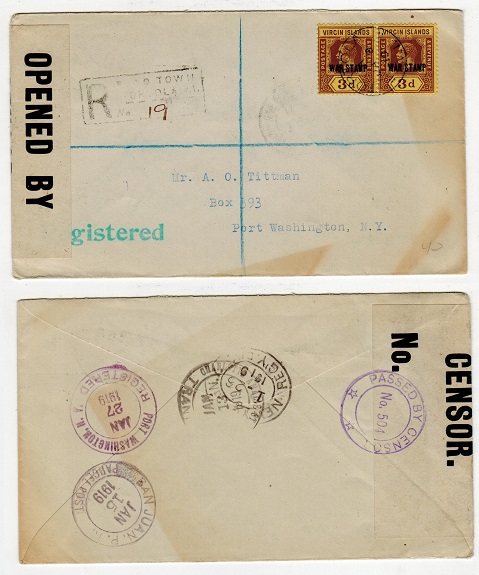 BRITISH VIRGIN ISLANDS - 1919 registered censored cover to USA with 3d WAR STAMP pair. 